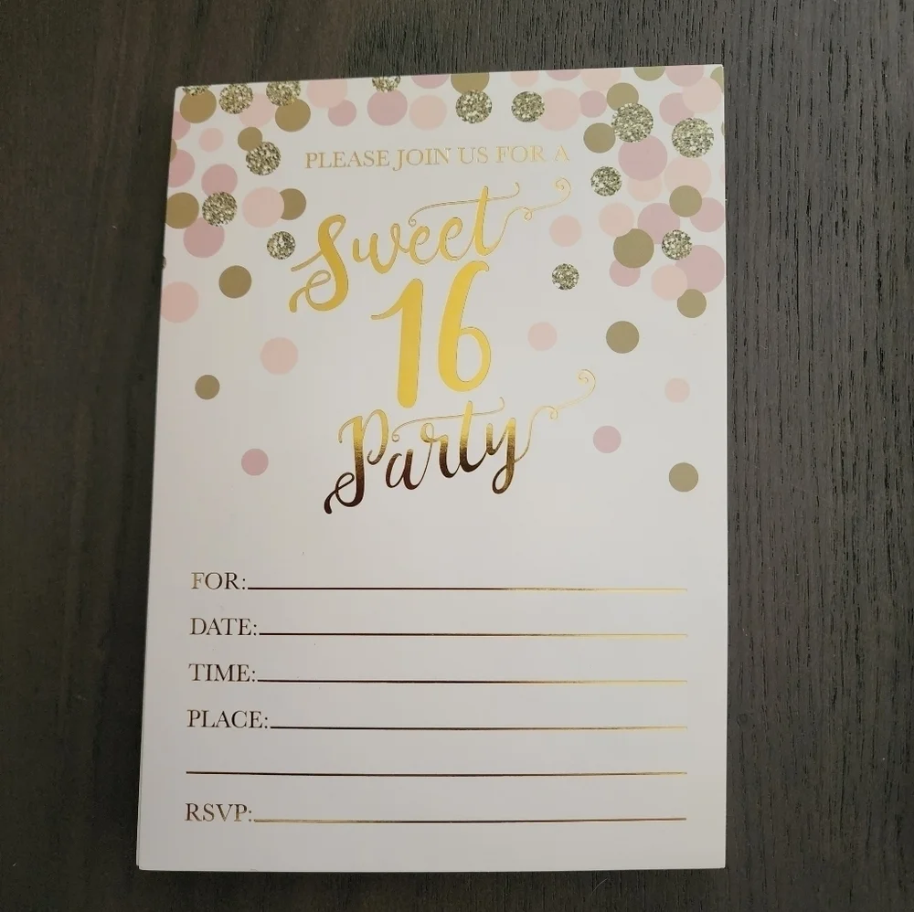 Sweet 16 birthday party invitations pink and gold (18 invitations/19 envelopes)